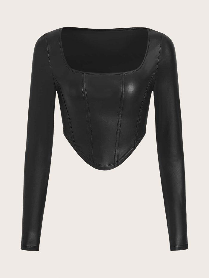 SHEIN ICON Scoop Neck Asymmetrical Hem PU Leather Crop Tee