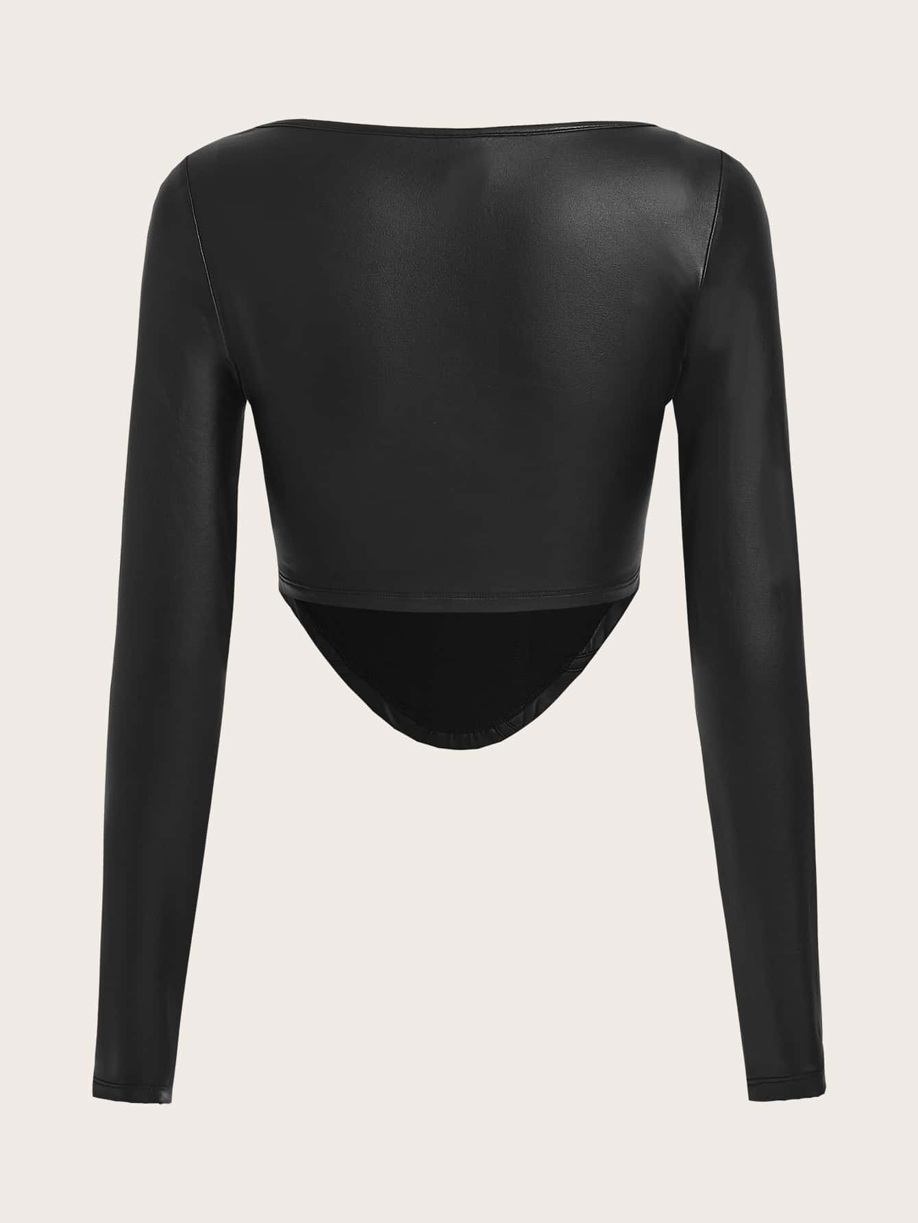 SHEIN ICON Scoop Neck Asymmetrical Hem PU Leather Crop Tee - Image 2
