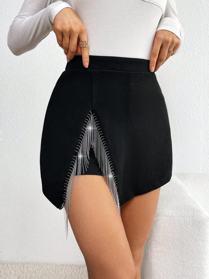 SHEIN Privé Fringe Trim Asymmetrical Hem Skort