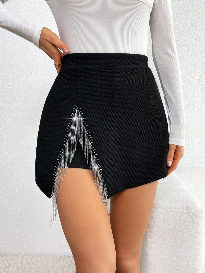 SHEIN Privé Fringe Trim Asymmetrical Hem Skort - Image 2
