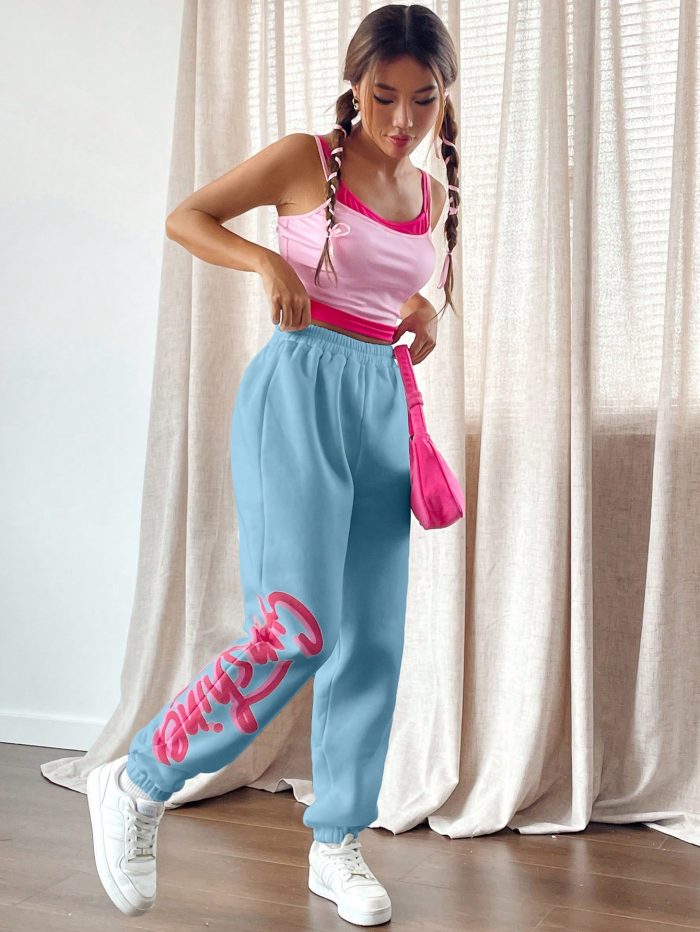 SHEIN Qutie Women's Elastic Waist & Cuffed Hem Sweatpants With Letter Print - Image 4