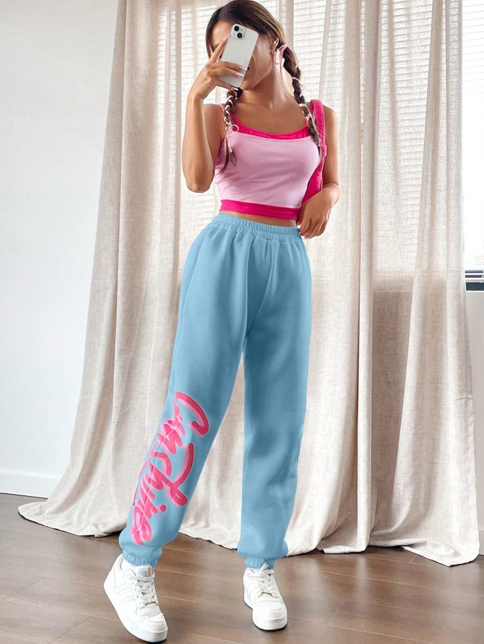 SHEIN Qutie Women's Elastic Waist & Cuffed Hem Sweatpants With Letter Print - Image 5