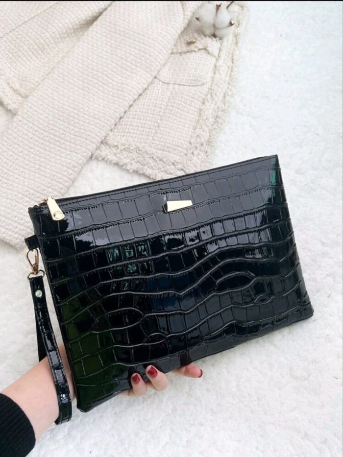 Sequin,Luxury,Shiny Evening Bag,Elegant,Exquisite,Quiet Luxury Crocodile Embossed Metal Decor Square Bag Rhinestone