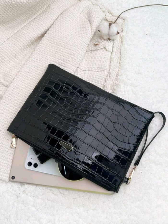 Sequin,Luxury,Shiny Evening Bag,Elegant,Exquisite,Quiet Luxury Crocodile Embossed Metal Decor Square Bag Rhinestone - Image 2