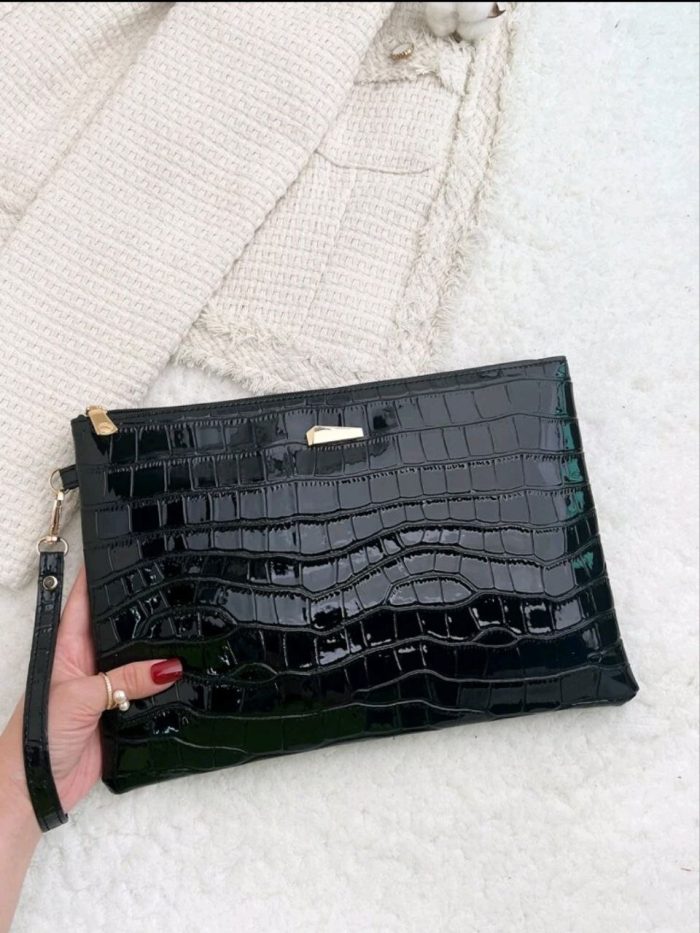 Sequin,Luxury,Shiny Evening Bag,Elegant,Exquisite,Quiet Luxury Crocodile Embossed Metal Decor Square Bag Rhinestone - Image 3