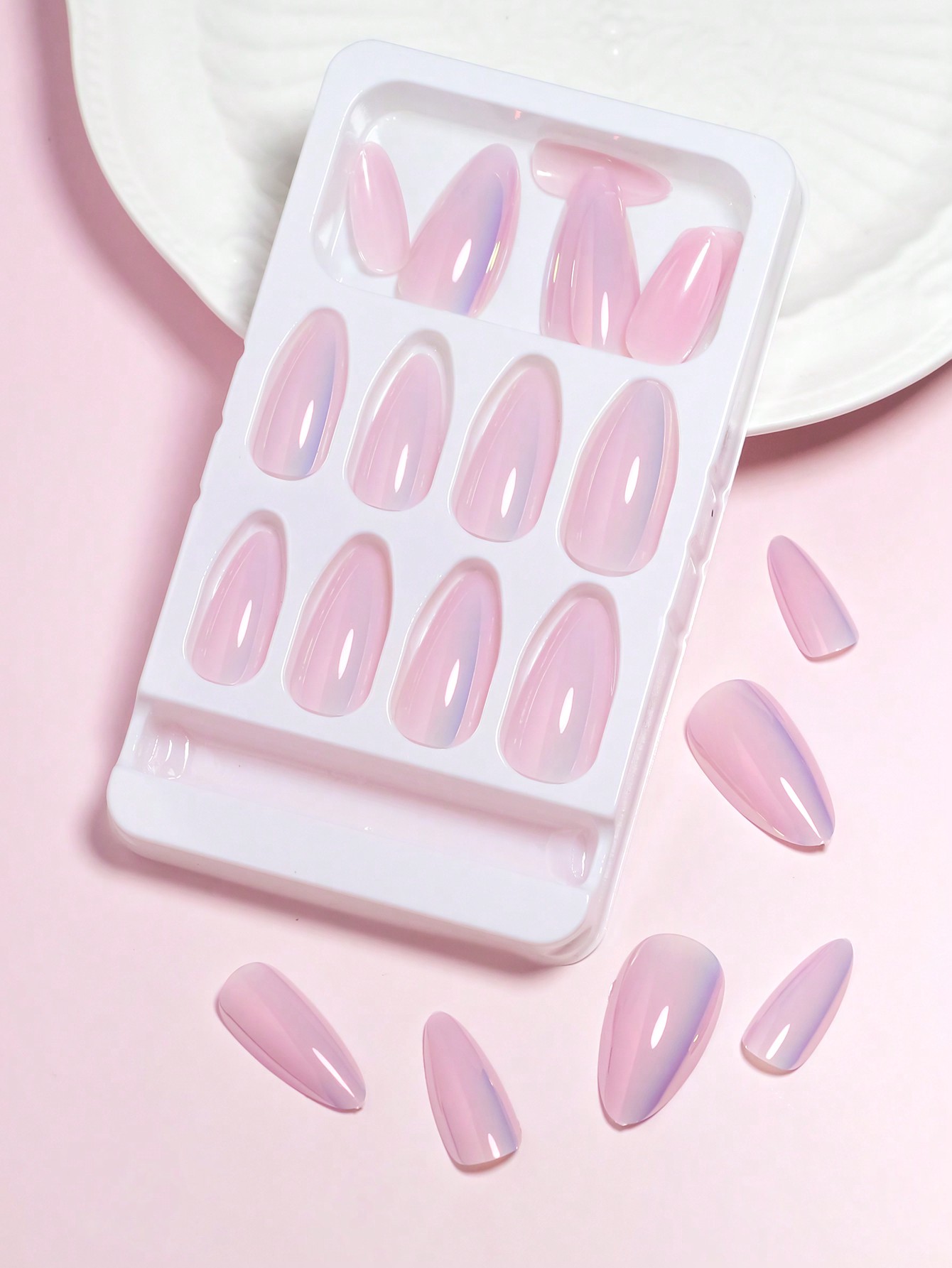 24pcs Magic Pink Chrome Shiny Medium Almond Press on Nails Holographic Nail Dust Ice Neon Mermaid Mirror Glitter Pearl Aurora Artificial Nails &1sheet Tape&1pc Nail File - Image 3