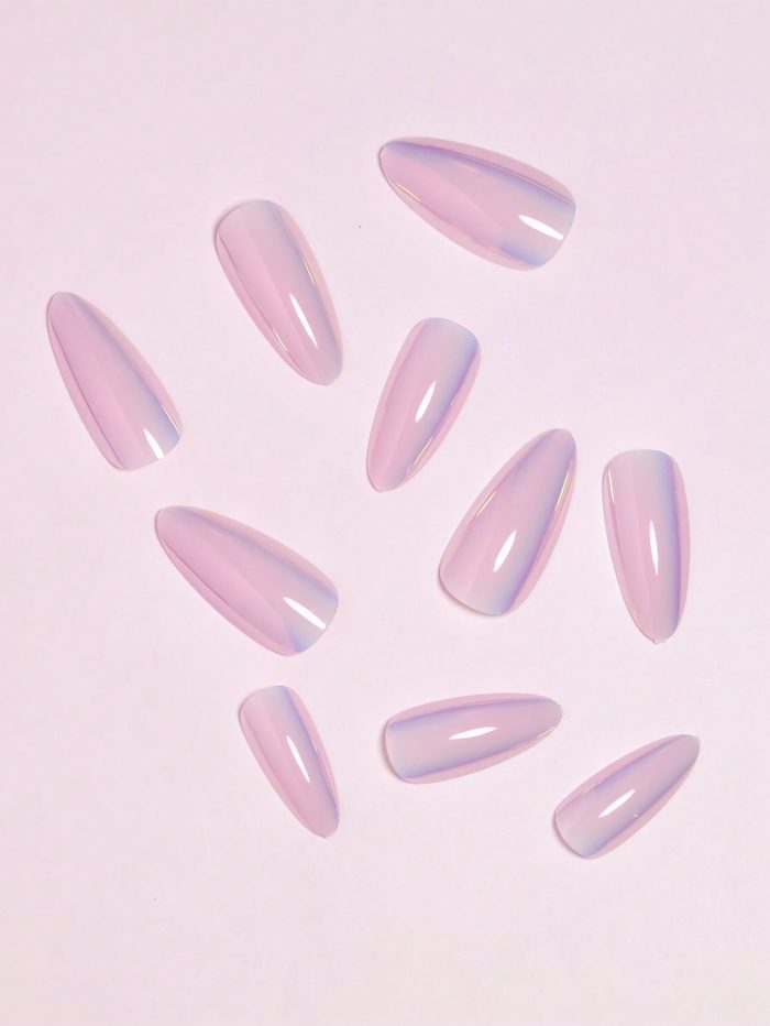 24pcs Magic Pink Chrome Shiny Medium Almond Press on Nails Holographic Nail Dust Ice Neon Mermaid Mirror Glitter Pearl Aurora Artificial Nails &1sheet Tape&1pc Nail File - Image 4