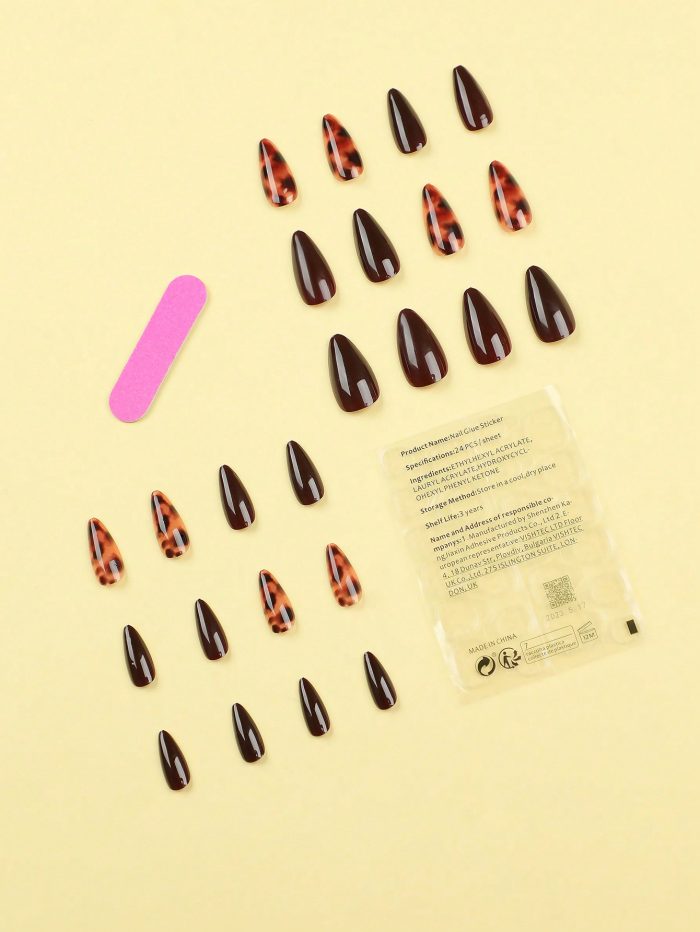 24pcs/set Reusable Almond Shaped Deep Brown Leopard Print False Nails, Suitable For Daily Wear - Image 2