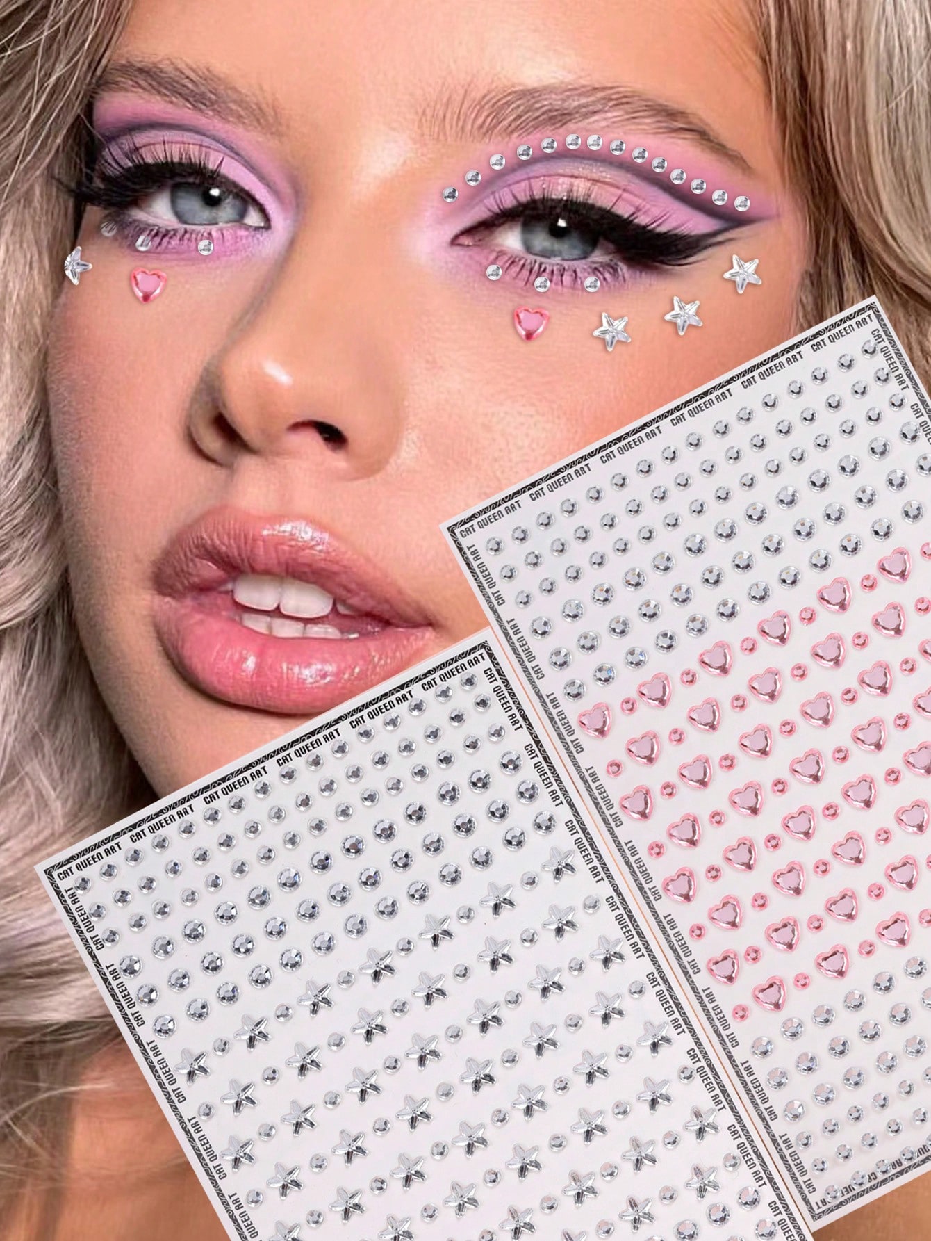 2pcs Pink Heart, Silver Star Shaped Under Eye Crystal Stickers, Diy Party Rave Festival Makeup Decoration
