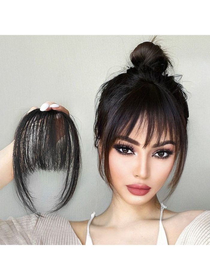 Clip In Bangs Front Neat Black Brown Bangs Hairpiece Synthetic Fake False Hair Piece Bangs Hairpiece Clip In Hair Extensions Heat Resistant Black-brown