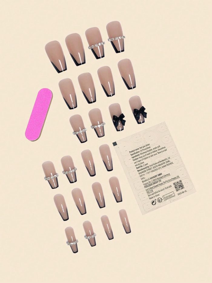 Get Glamorous With 24pcs Long Coffin 3D Bow Decor Glamorous Full Cover Fake Nail Kit - Image 2