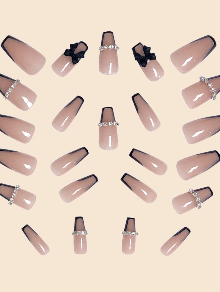 Get Glamorous With 24pcs Long Coffin 3D Bow Decor Glamorous Full Cover Fake Nail Kit - Image 3