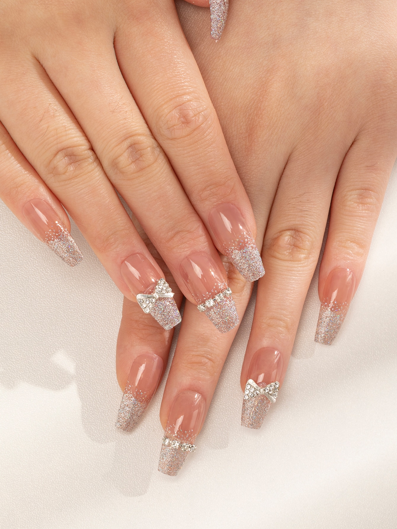 Instantly Upgrade Your Look with 24pcs Long Coffin Glitter Rhinestone 3D Bow Decor Fake Nail & 1pc Nail File & 1sheet Tape