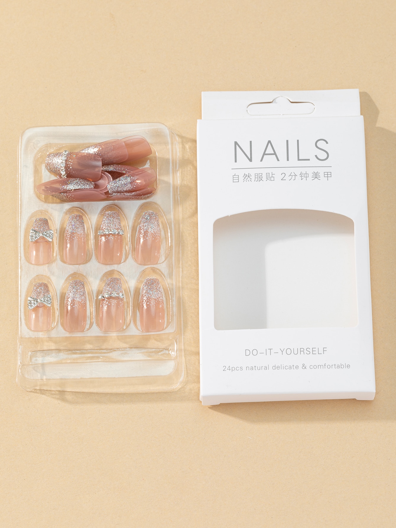 Instantly Upgrade Your Look with 24pcs Long Coffin Glitter Rhinestone 3D Bow Decor Fake Nail & 1pc Nail File & 1sheet Tape - Image 5