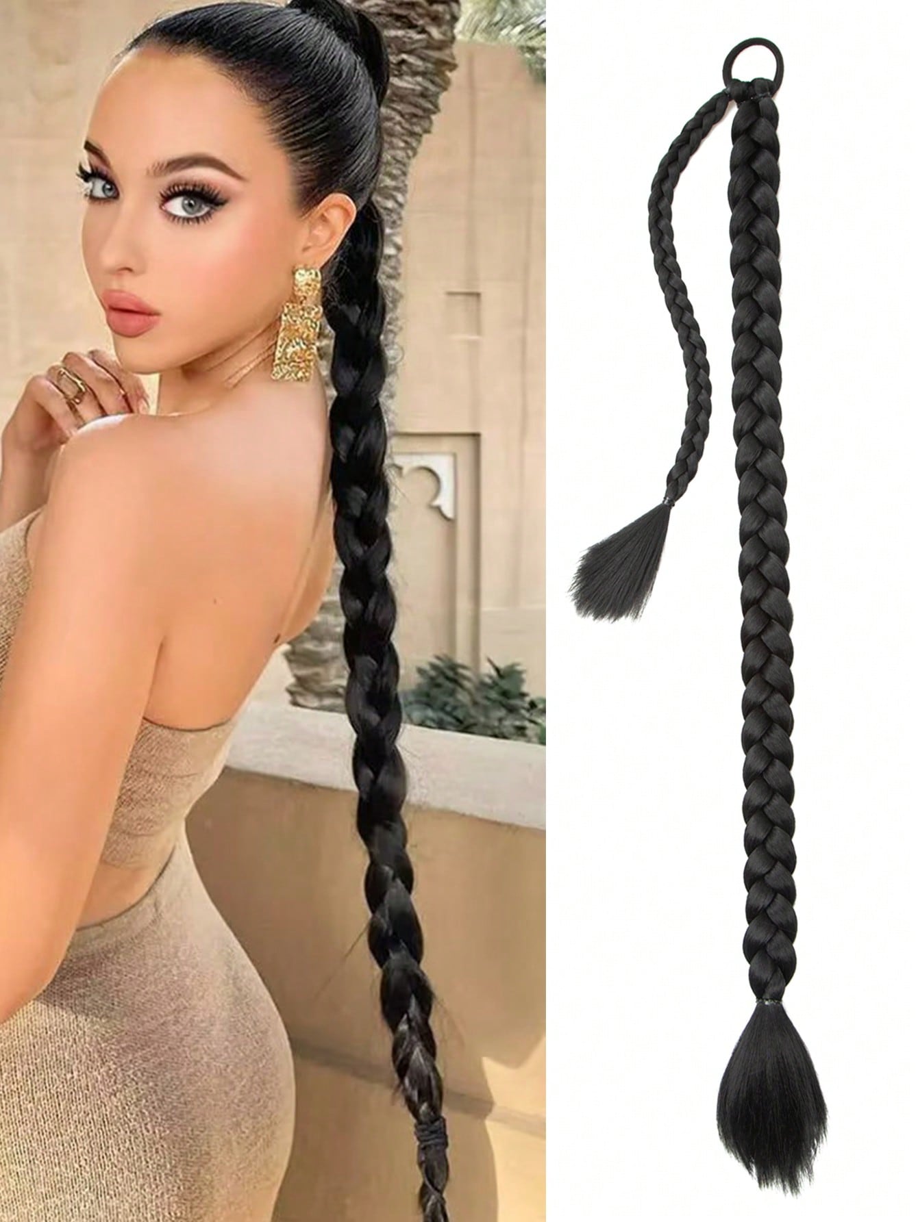 Long Braided Ponytail Extension with Hair Tie Straight Wrap Around Hair Extensions Ponytail Natural Soft Synthetic Hair Piece for Women Daily Wear 26inch 1pc Black