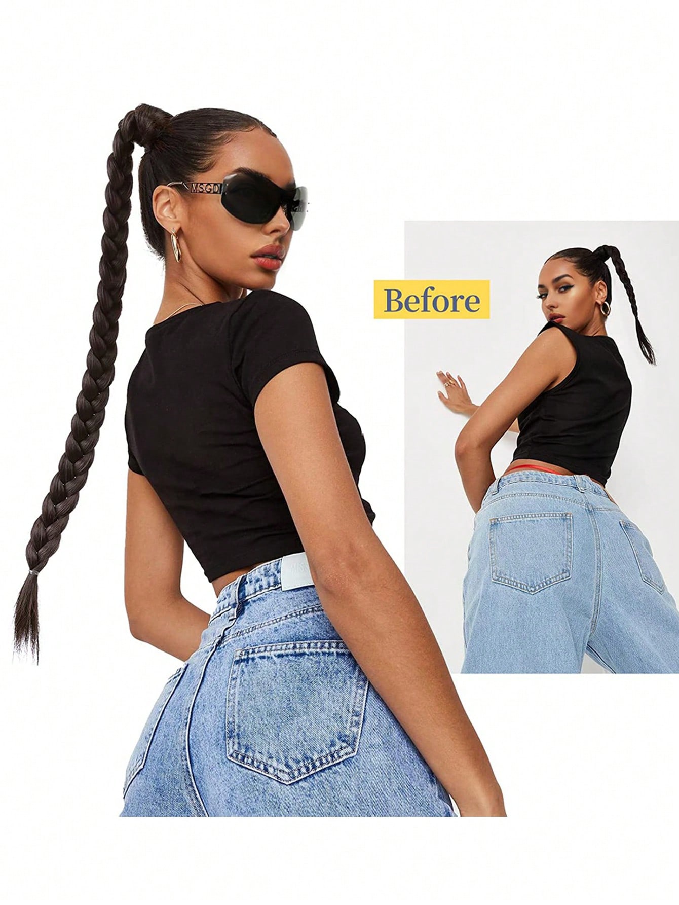 Long Braided Ponytail Extension with Hair Tie Straight Wrap Around Hair Extensions Ponytail Natural Soft Synthetic Hair Piece for Women Daily Wear 26inch 1pc Black - Image 3