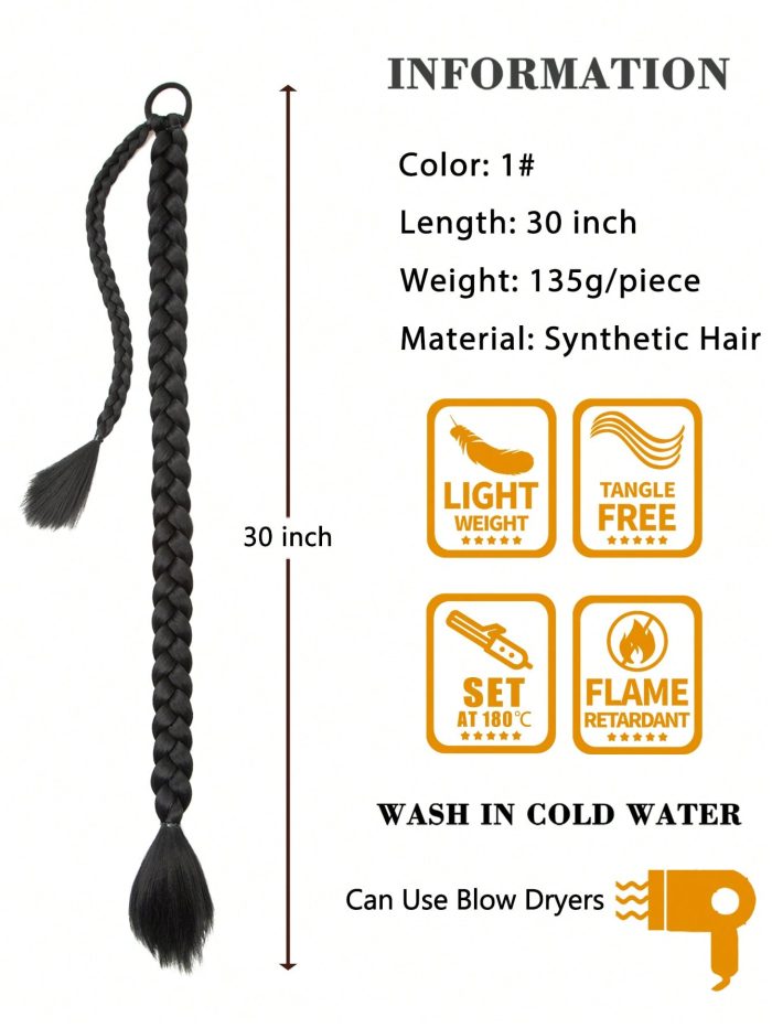 Long Braided Ponytail Extension with Hair Tie Straight Wrap Around Hair Extensions Ponytail Natural Soft Synthetic Hair Piece for Women Daily Wear 26inch 1pc Black - Image 6