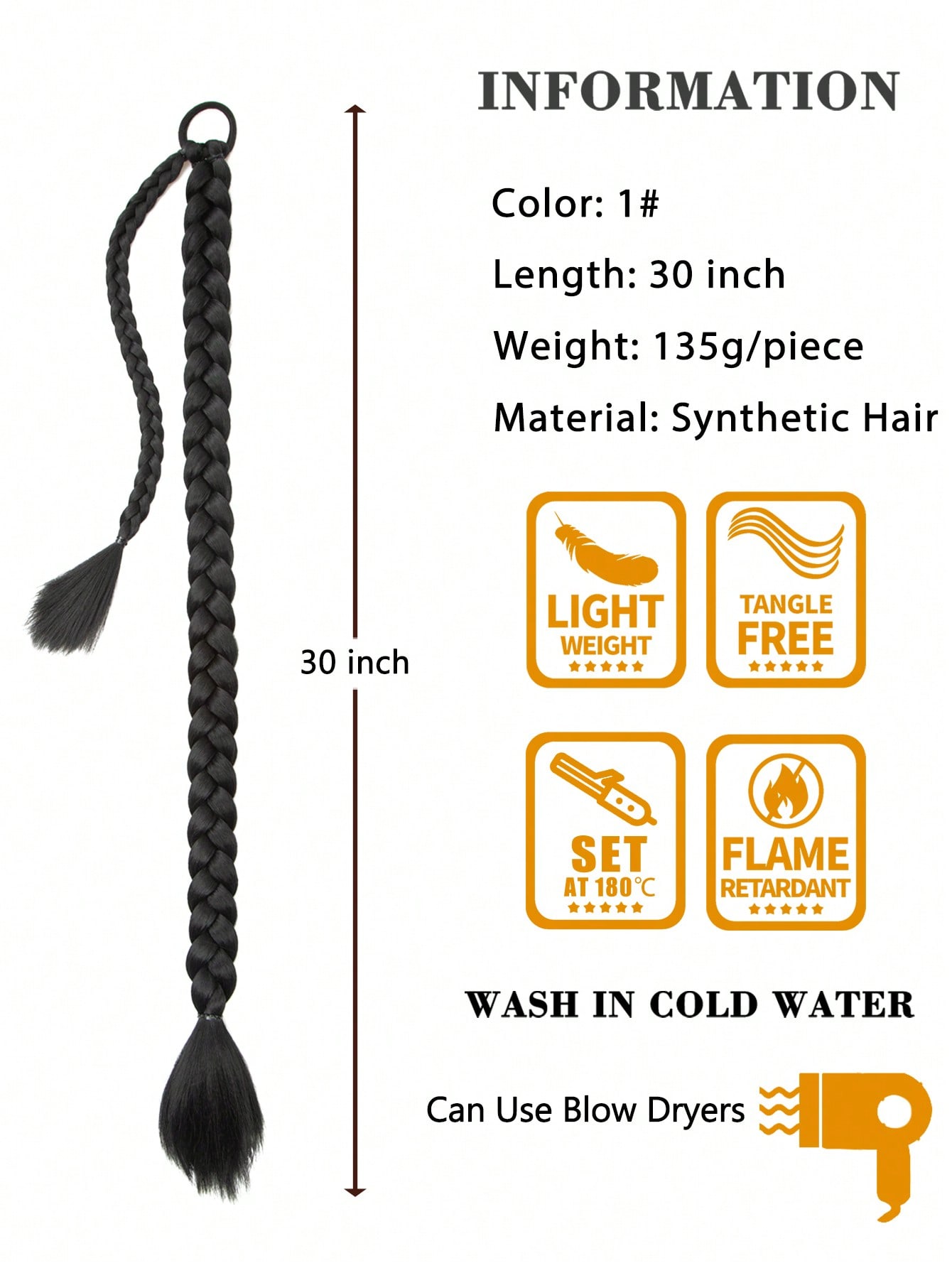 Long Braided Ponytail Extension with Hair Tie Straight Wrap Around Hair Extensions Ponytail Natural Soft Synthetic Hair Piece for Women Daily Wear 26inch 1pc Black - Image 6