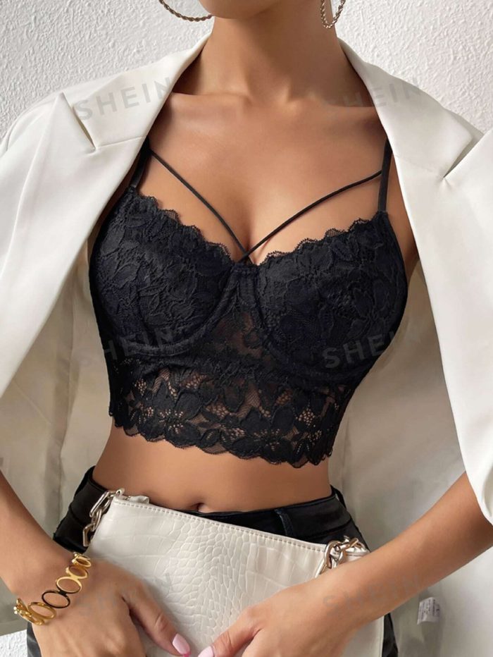 SHEIN Privé Solid Criss Cross Crop Lace Cami Top