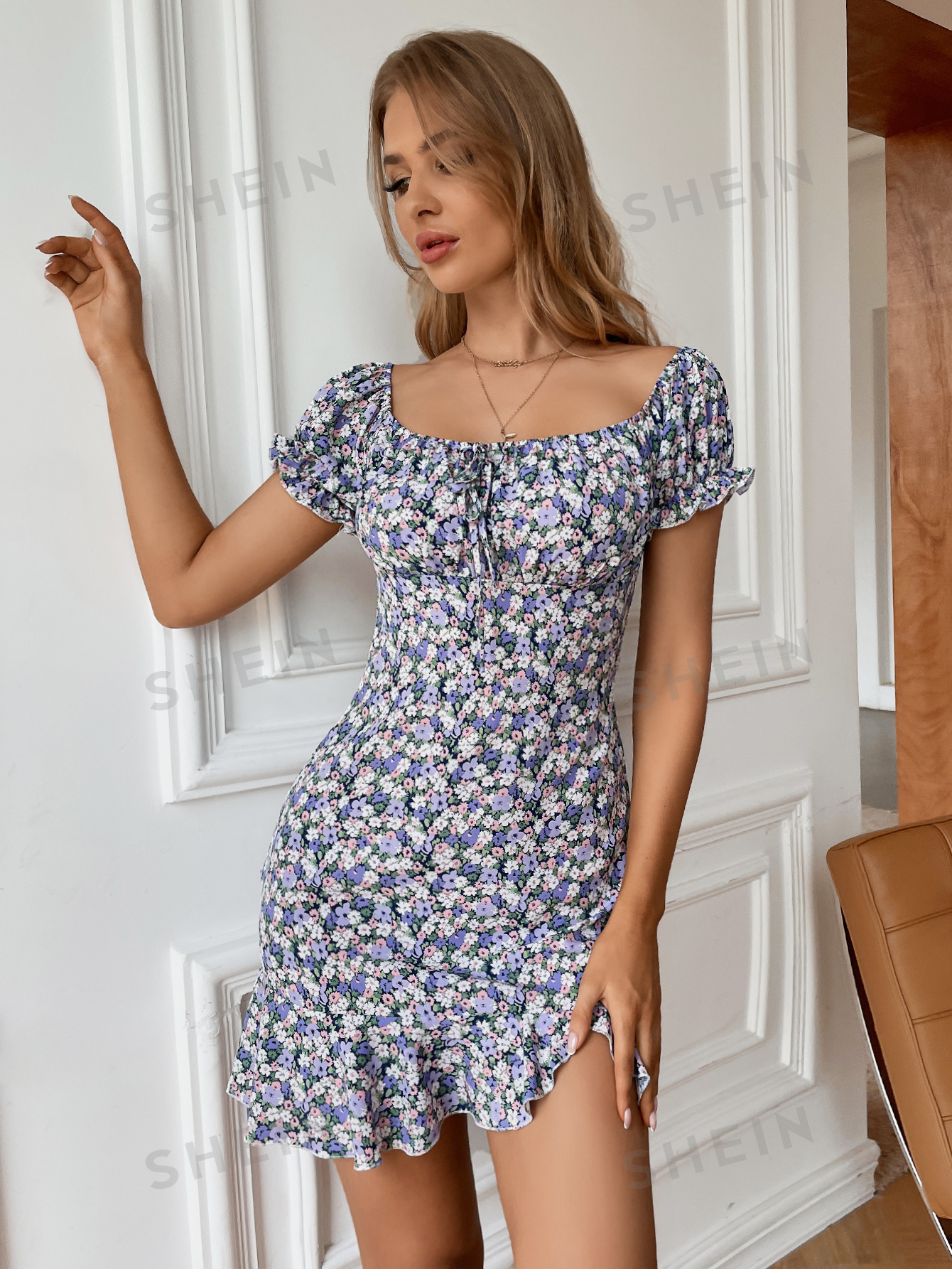 SHEIN VCAY Floral Off Shoulder Knotted Ruffle Hem Dress - Image 5