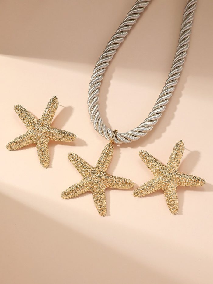 1 set of 3 pieces simple fashion starfish pendant necklace marine style exaggerated earrings personalized ladies jewelry set - Image 2