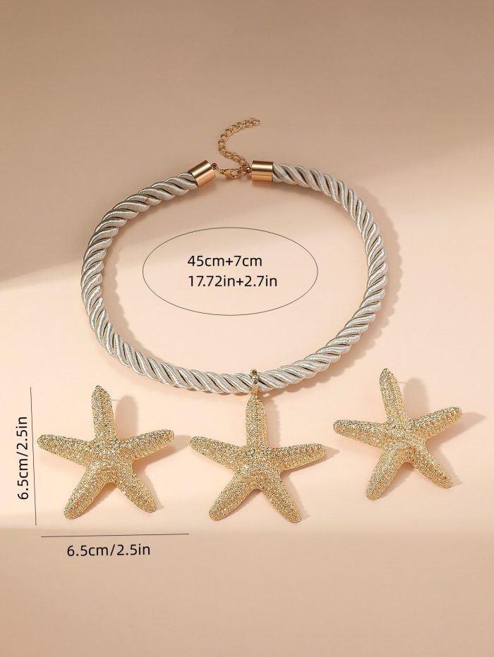 1 set of 3 pieces simple fashion starfish pendant necklace marine style exaggerated earrings personalized ladies jewelry set - Image 3