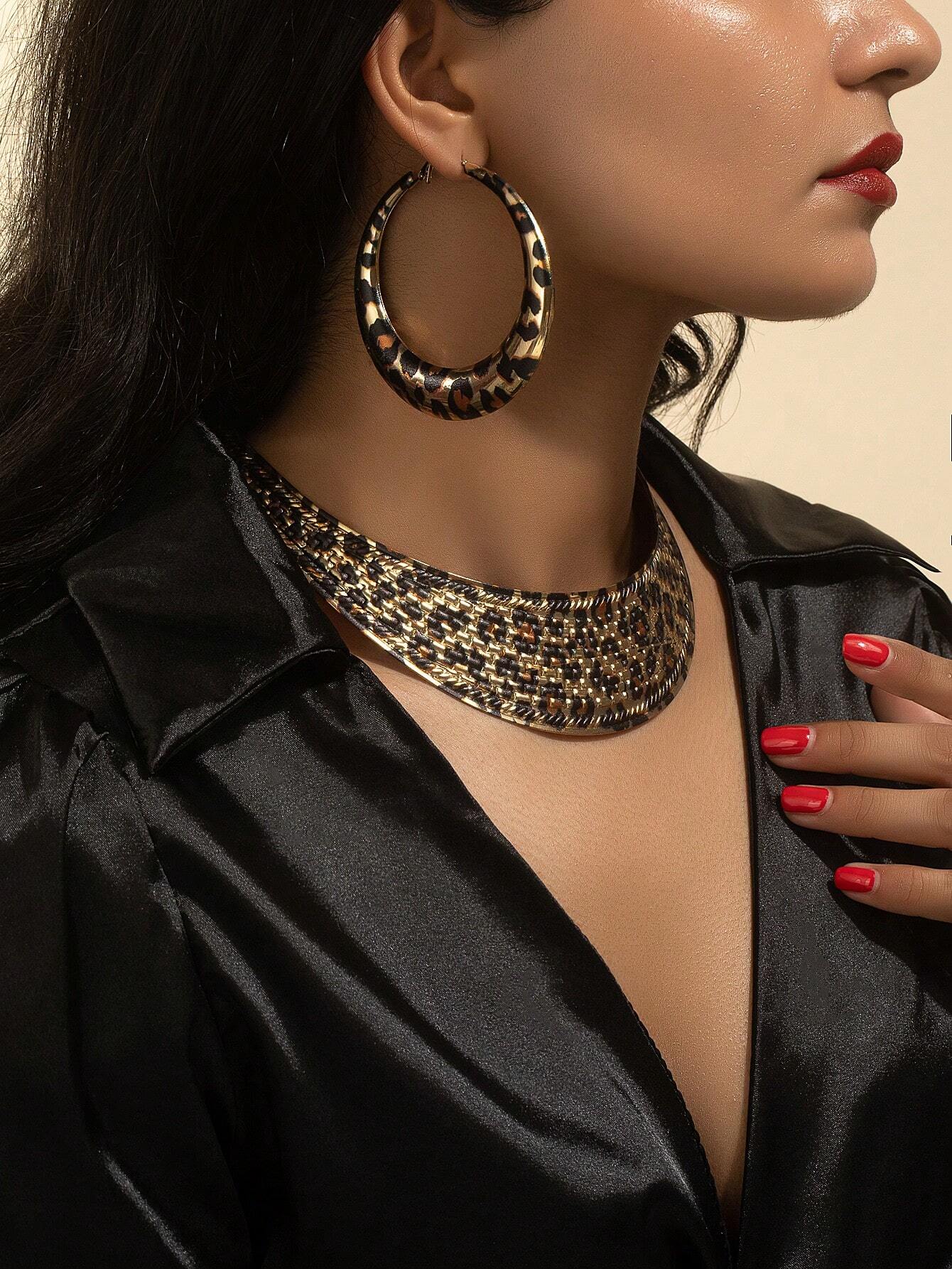 1set Leopard Print Choker Necklace And Earrings, Vintage Luxury Exaggerated Style