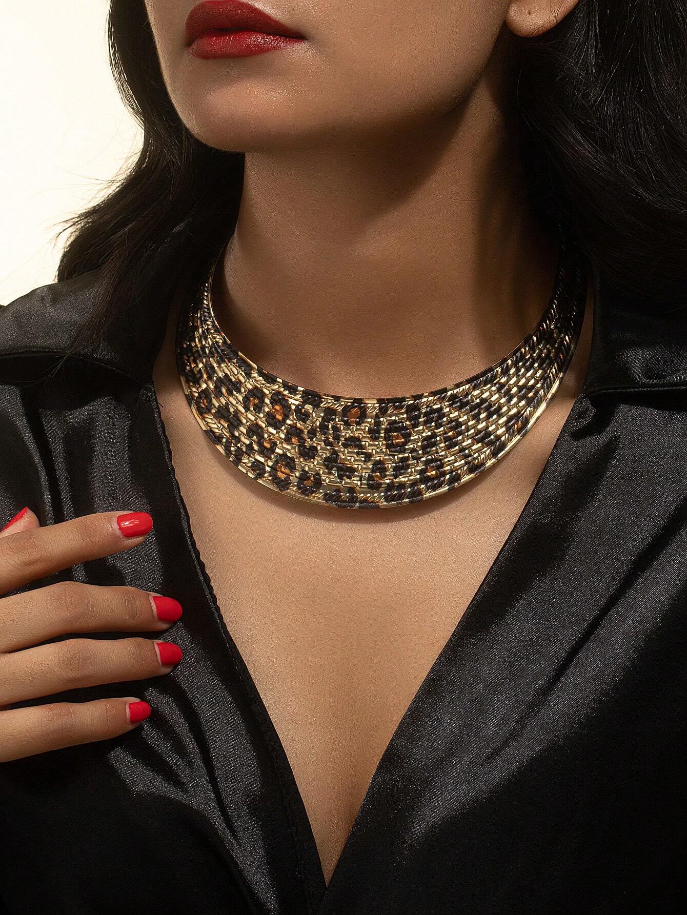 1set Leopard Print Choker Necklace And Earrings, Vintage Luxury Exaggerated Style - Image 2