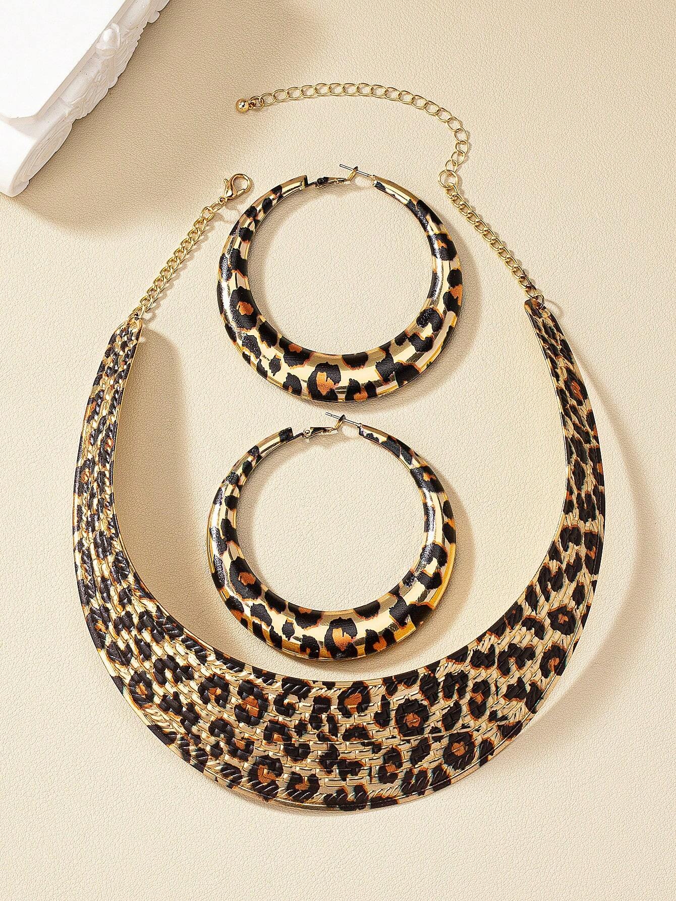1set Leopard Print Choker Necklace And Earrings, Vintage Luxury Exaggerated Style - Image 3