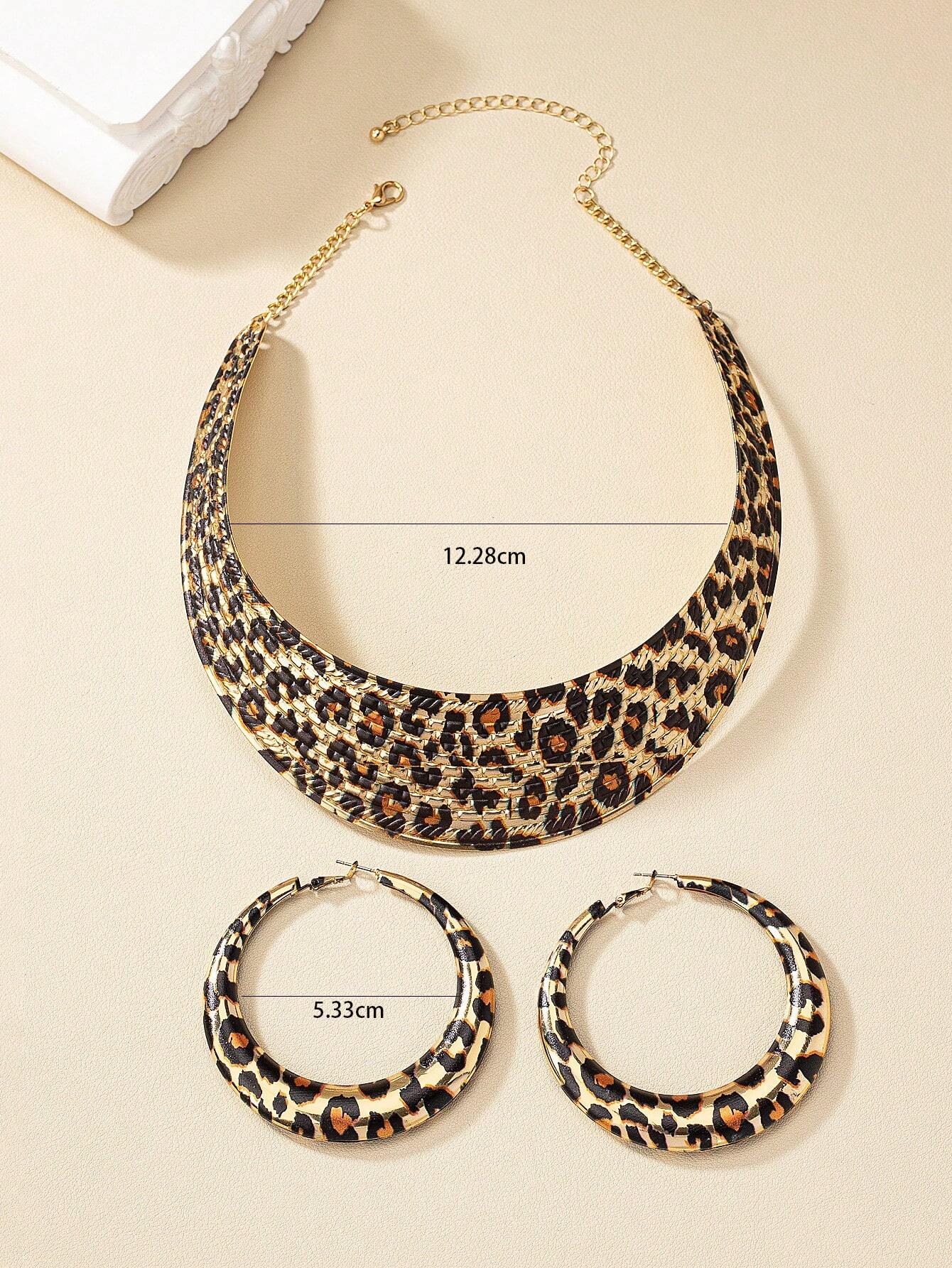 1set Leopard Print Choker Necklace And Earrings, Vintage Luxury Exaggerated Style - Image 4