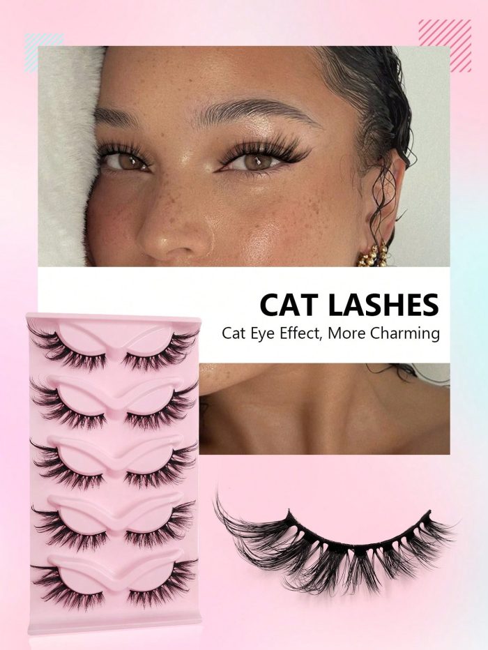 Asiteo 5 Pairs Cat Eye Lashes 3D Faux Mink Eyelashes Winged End Eye Elongated Eyelashes - Image 3