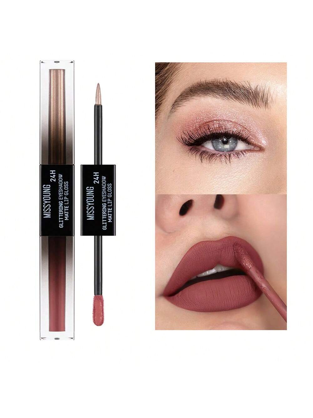 Double-Ended Matte Lip Gloss & Liquid Eyeshadow Highly Pigmented Lip Gloss Lips Eye Makeup 2-In-1 02 Shallow Coral - Image 2