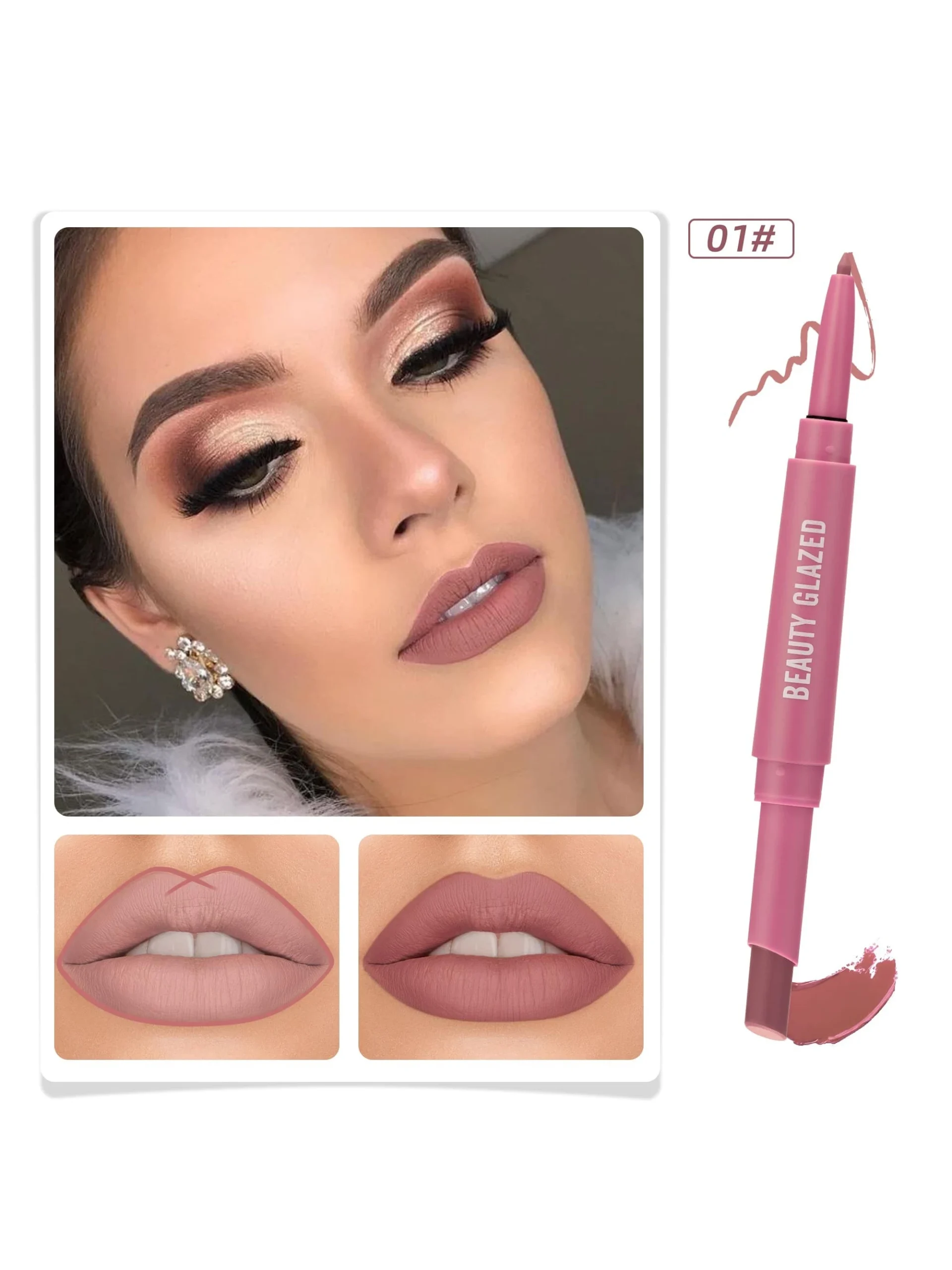 Lip Liner And Lipstick Make-up, 2-in-1 Double-headed Lipstick Set Waterproof Durable Matte Lipstick B136-01