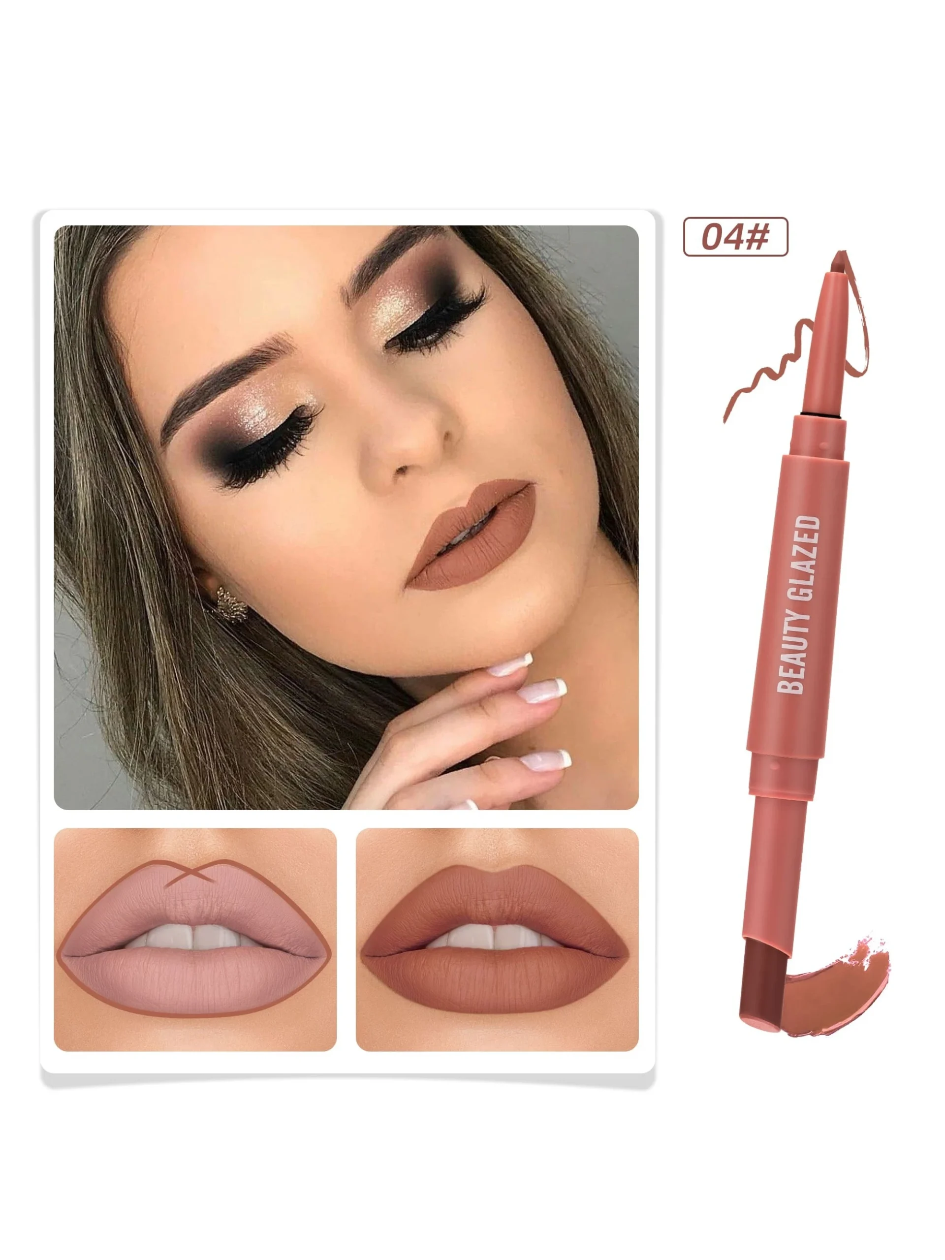 Lip Liner And Lipstick Make-up, 2-in-1 Double-headed Lipstick Set Waterproof Durable Matte LipstickB136-04