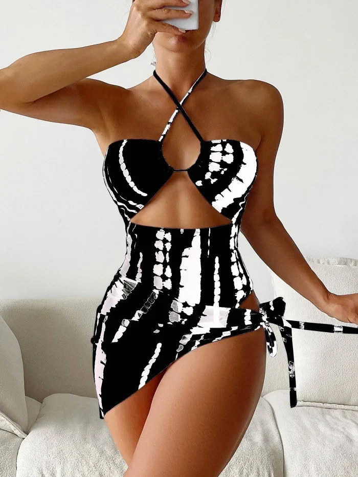 Random Tie Dye Cut Out Tie Back One Piece Swimsuit & Beach Skirt