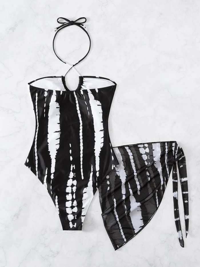 Random Tie Dye Cut Out Tie Back One Piece Swimsuit & Beach Skirt - Image 2