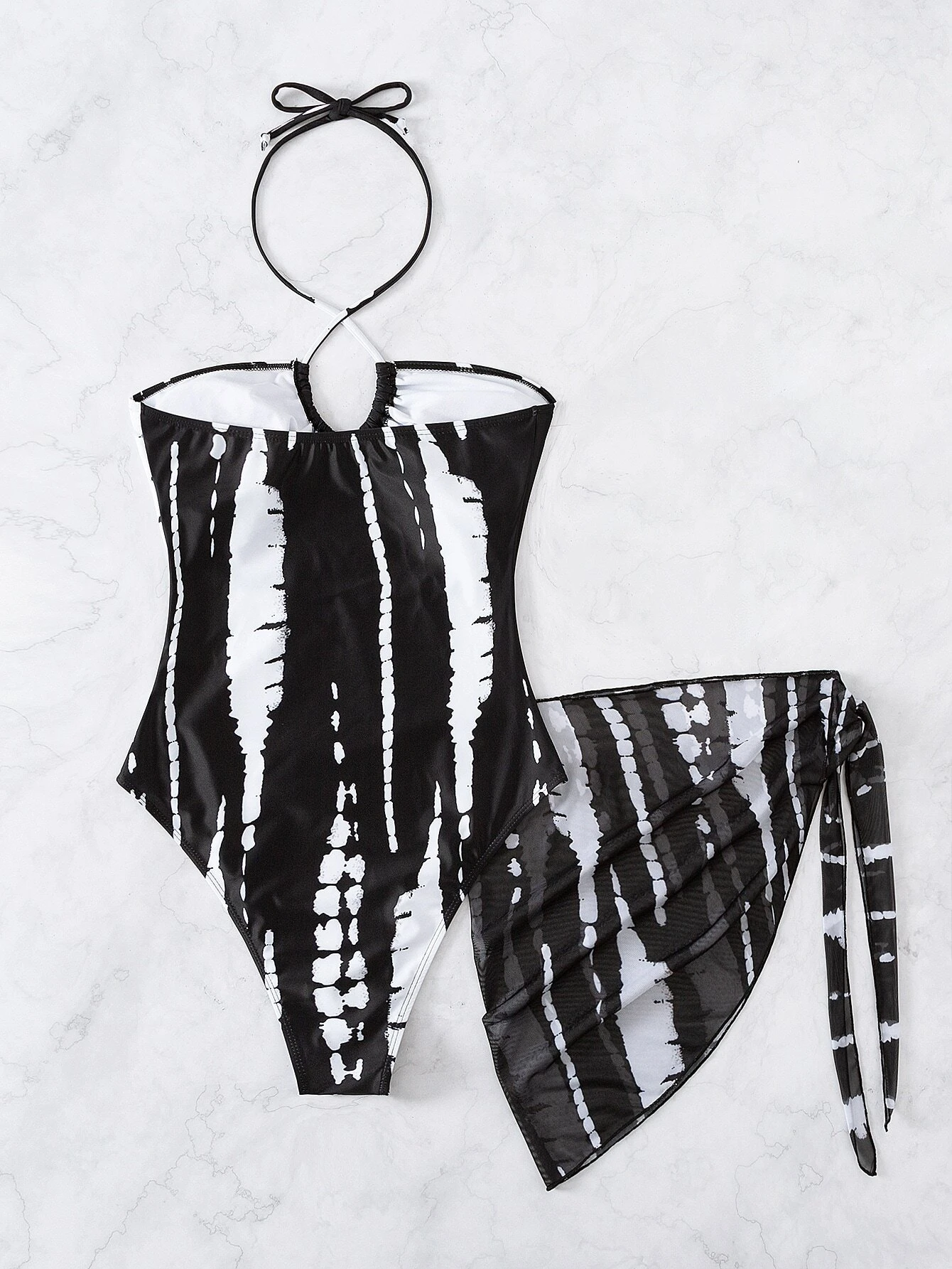 Random Tie Dye Cut Out Tie Back One Piece Swimsuit & Beach Skirt - Image 2