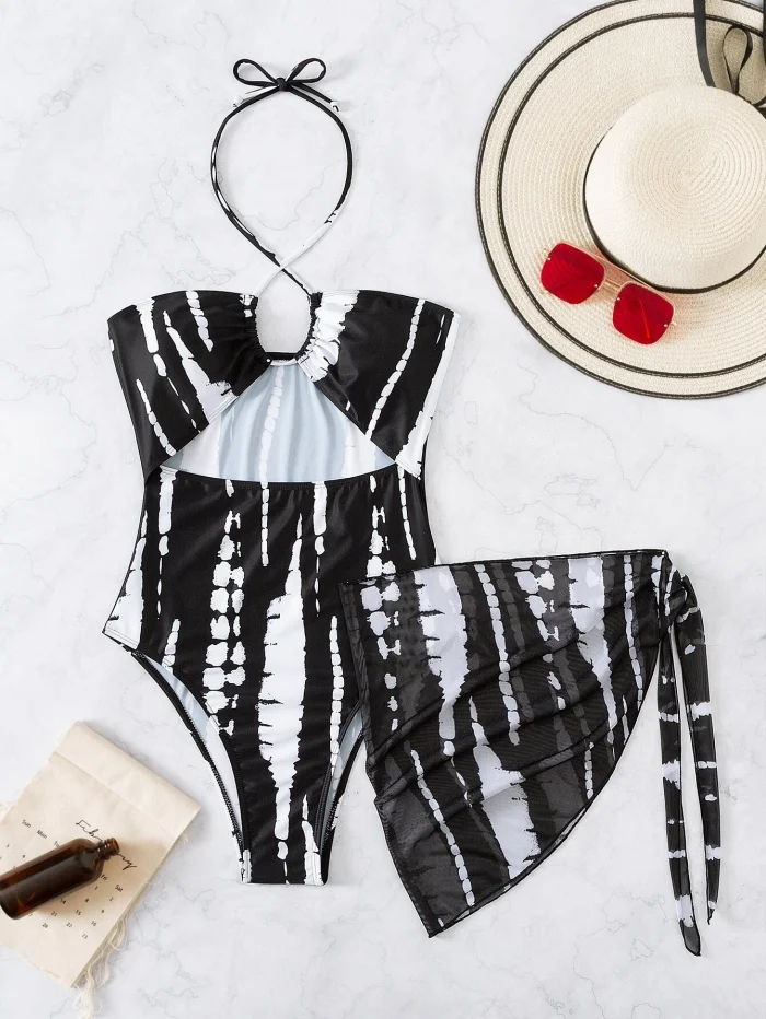 Random Tie Dye Cut Out Tie Back One Piece Swimsuit & Beach Skirt - Image 4