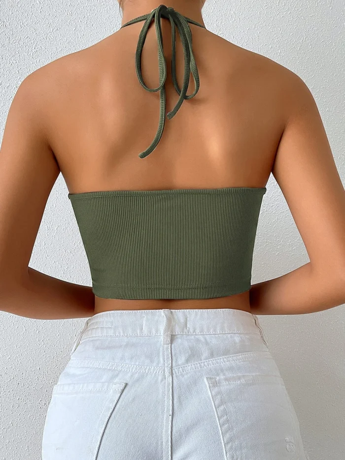 SHEIN BAE Drawstring Knot Front Rib-knit Crop Halter Top - Image 2