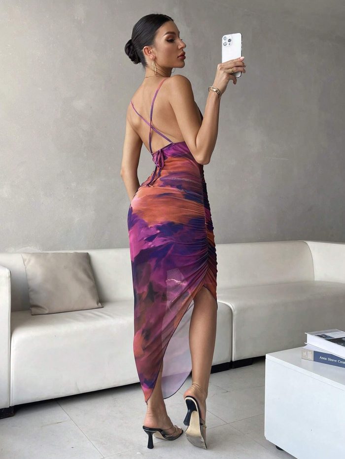 SHEIN BAE Tie Dye Draped Collar Split Thigh Cami Dress - Image 2