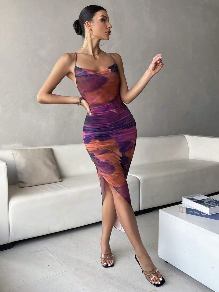 SHEIN BAE Tie Dye Draped Collar Split Thigh Cami Dress - Image 4