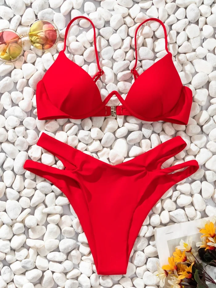 SHEIN Swim Basics Solid Bikini Set Underwire Buckle Back Bra & Cut-Out High Cut Bottom 2 Piece Bathing Suit