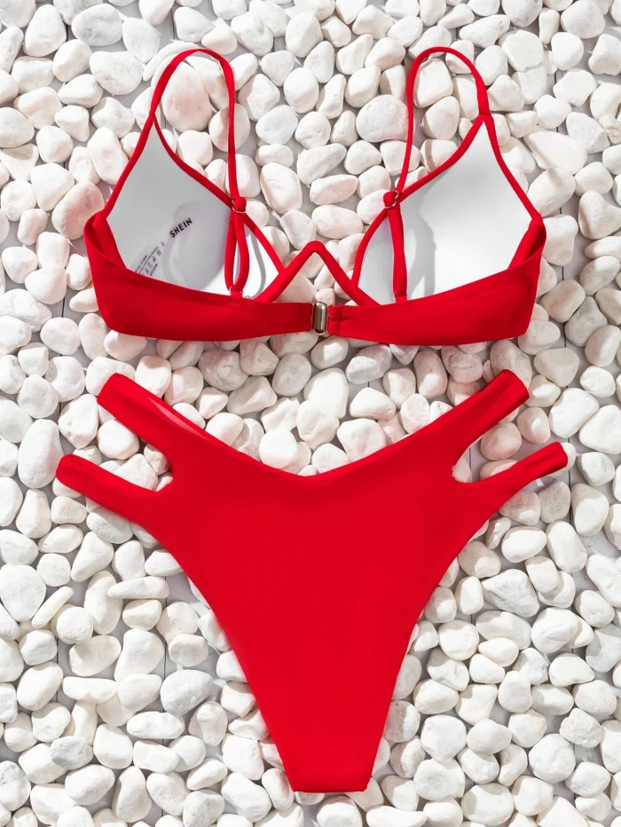 SHEIN Swim Basics Solid Bikini Set Underwire Buckle Back Bra & Cut-Out High Cut Bottom 2 Piece Bathing Suit - Image 2