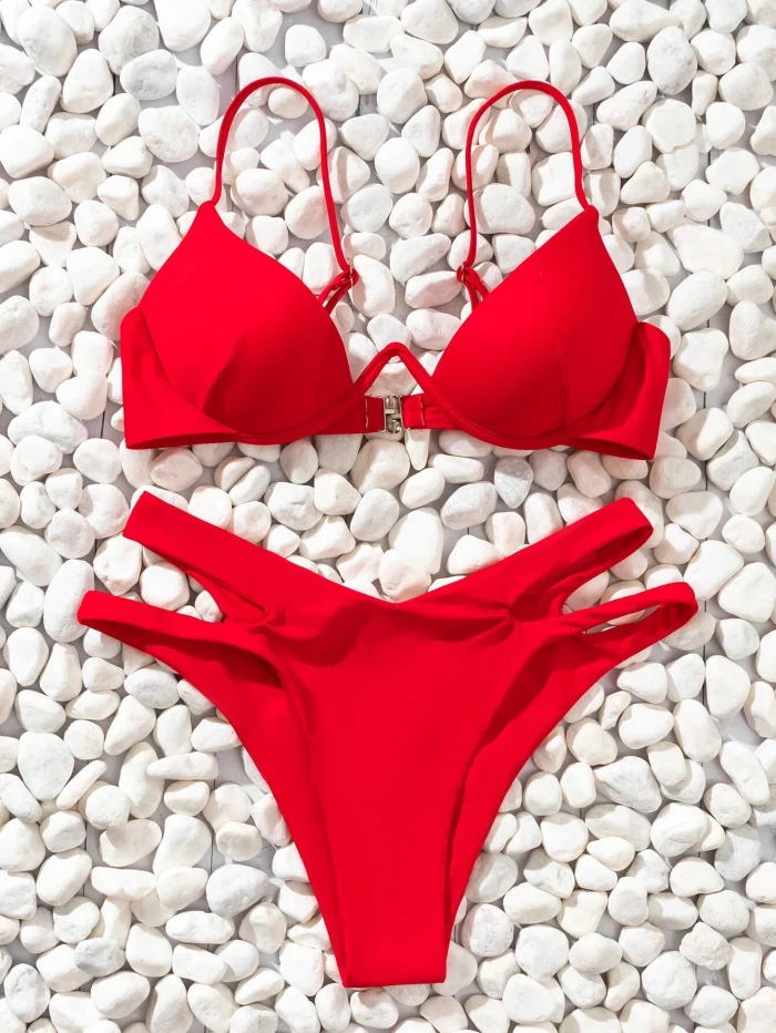 SHEIN Swim Basics Solid Bikini Set Underwire Buckle Back Bra & Cut-Out High Cut Bottom 2 Piece Bathing Suit - Image 5