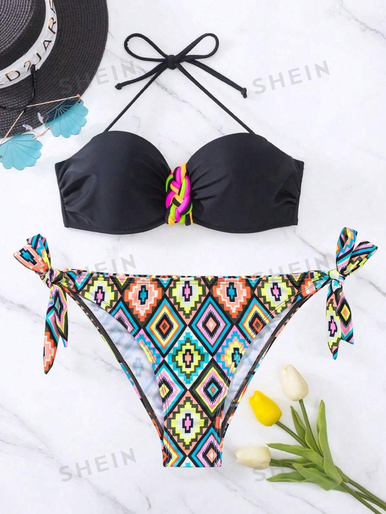 SHEIN Swim BohoFeel Geo Print Halter Push Up Bikini Swimsuit - Image 3