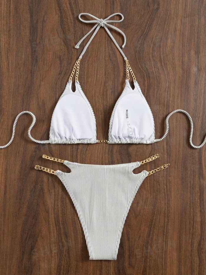 SHEIN Swim SXY Striped Chain Linked Halter Bikini Swimsuit - Image 4
