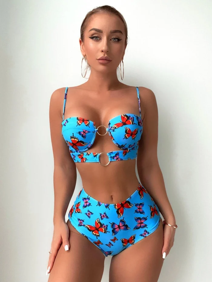 SHEIN Swim Vcay Butterfly Print Ring Linked Push Up Bikini Swimsuit - Image 3