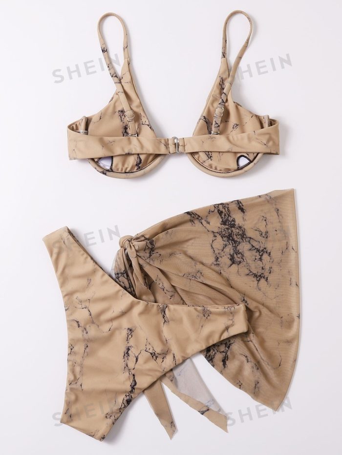 SHEIN Swim Vcay Marble Print Bikini Set Underwire Buckle Back Bra & High Cut Bottom & Beach Skirt 3 Piece Bathing Suit - Image 2