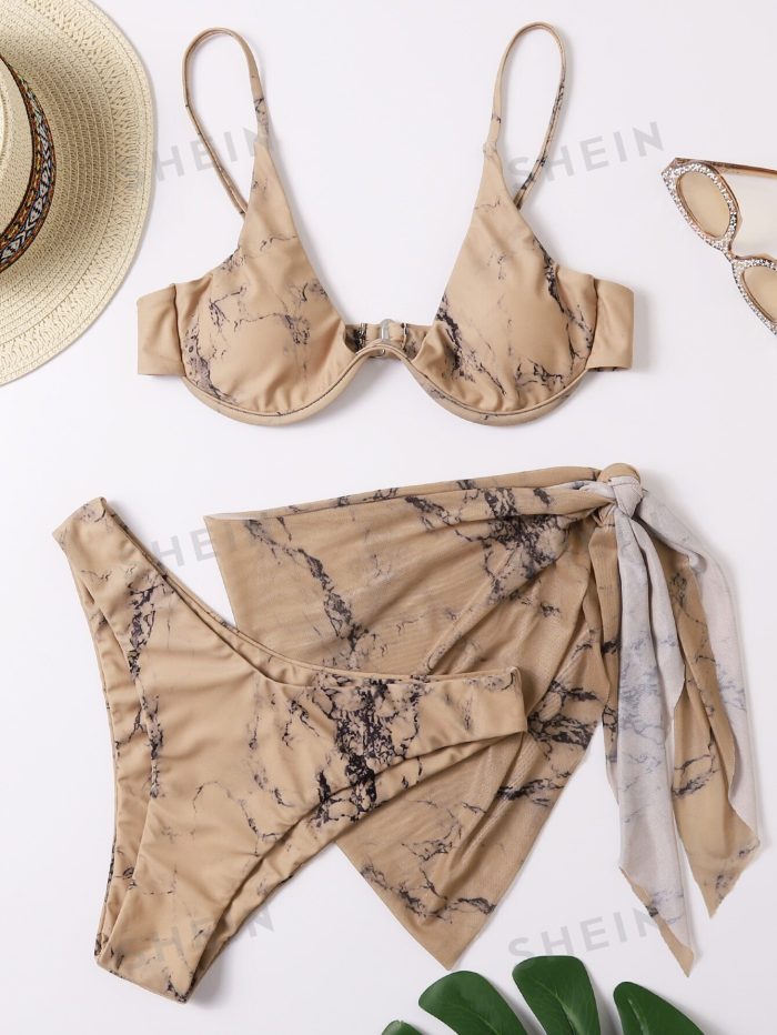 SHEIN Swim Vcay Marble Print Bikini Set Underwire Buckle Back Bra & High Cut Bottom & Beach Skirt 3 Piece Bathing Suit - Image 4