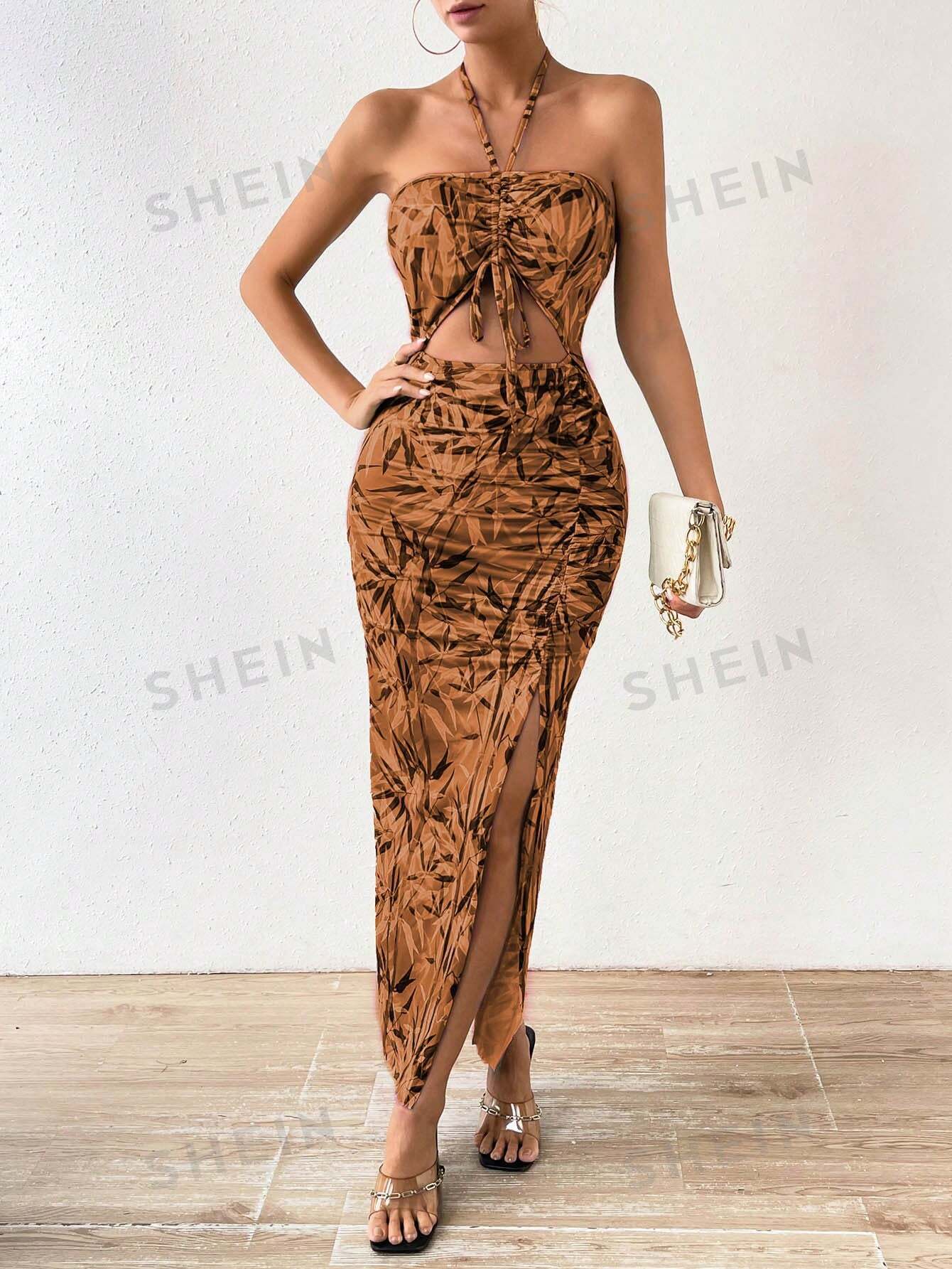 SHEIN VCAY Plants Print Cut Out Drawstring Front Split Thigh Halter Neck Dress - Image 3